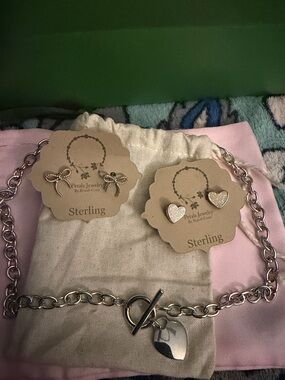 Sterling Silver Heart Charm Toggle necklace w/ 2 sets of sterling earrings *nwt